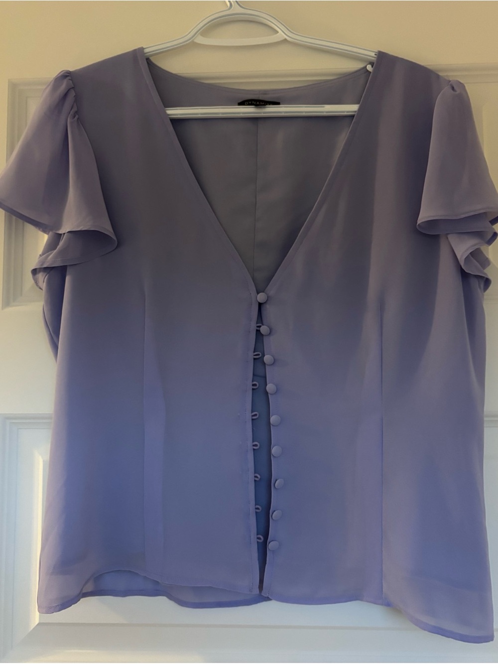 Lavender Short-Sleeve Button Front V-Neck Blouse